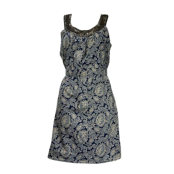LOFT Blue Paisley Cotton Embellished sequin Sleeveless Shift Dress Size 2P New - Picture 1 of 7